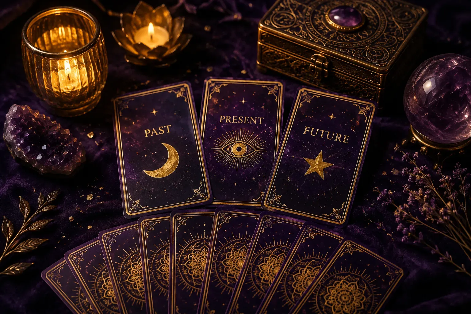 Seraphina Tarot Past, Present, Future three-card spread with candles and crystals
